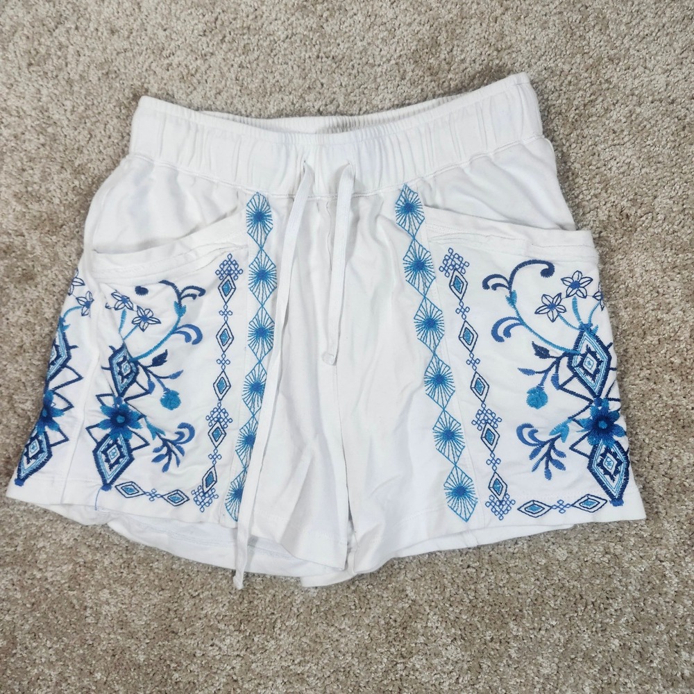 JW Los Angeles Shorts White Blue Floral Geometric Embroidered Boho Small